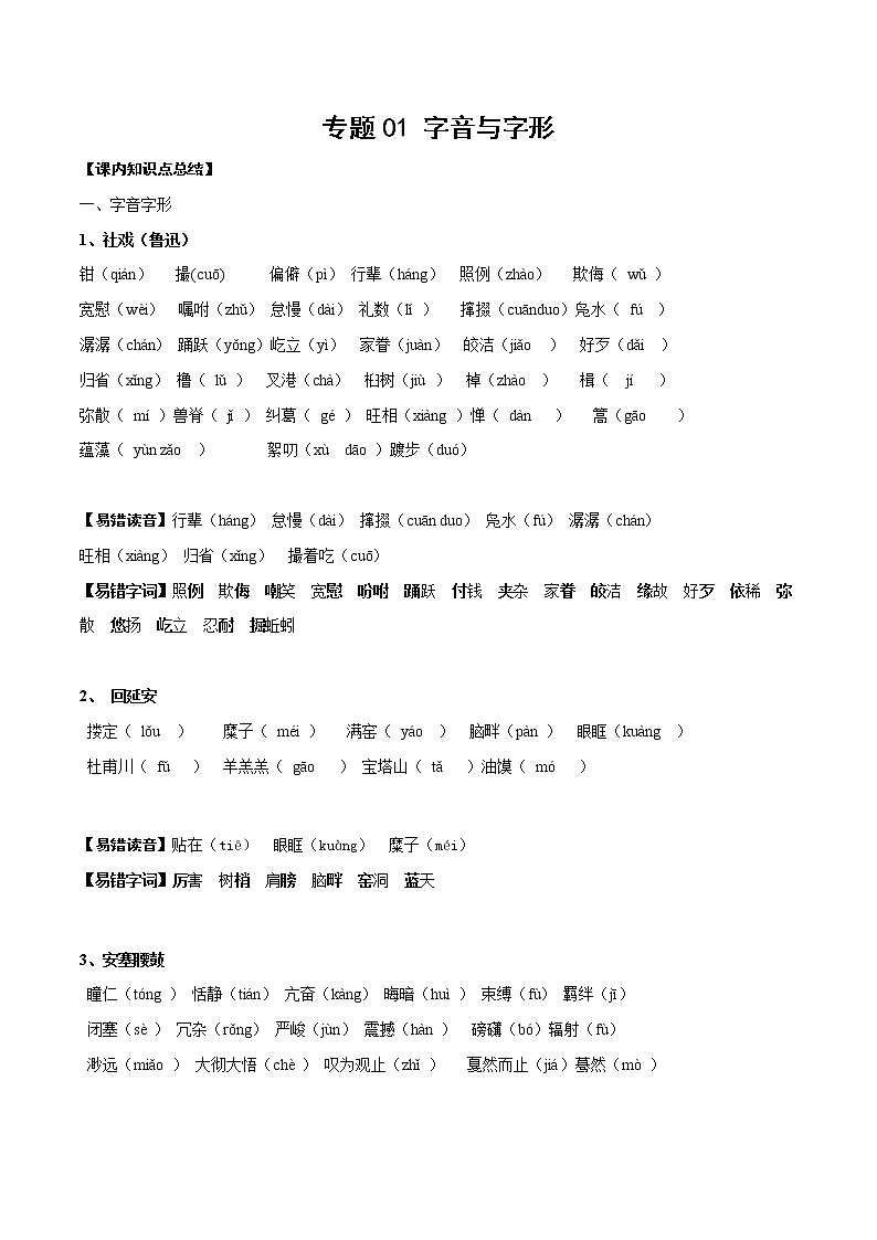 专题01 字音与字形含解析版01