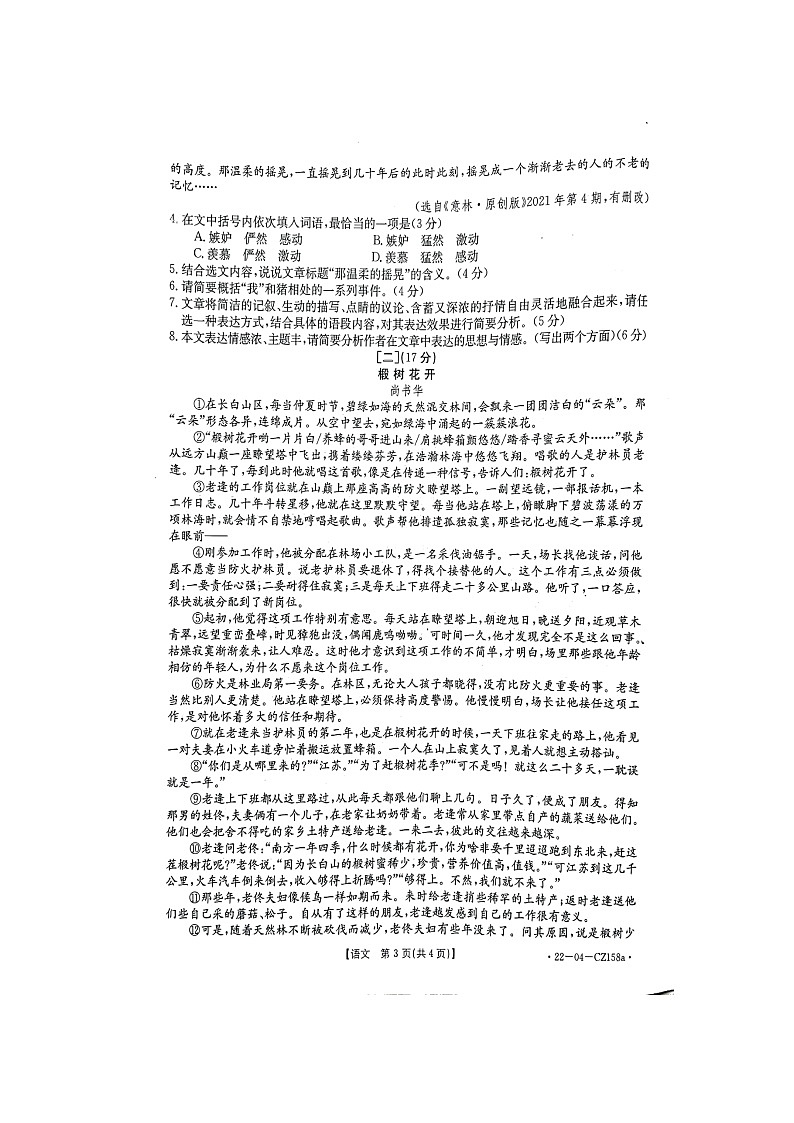 安徽桐城市集团校2021-2022学年七年级下学期期末检测语文试题（含答案）第3页