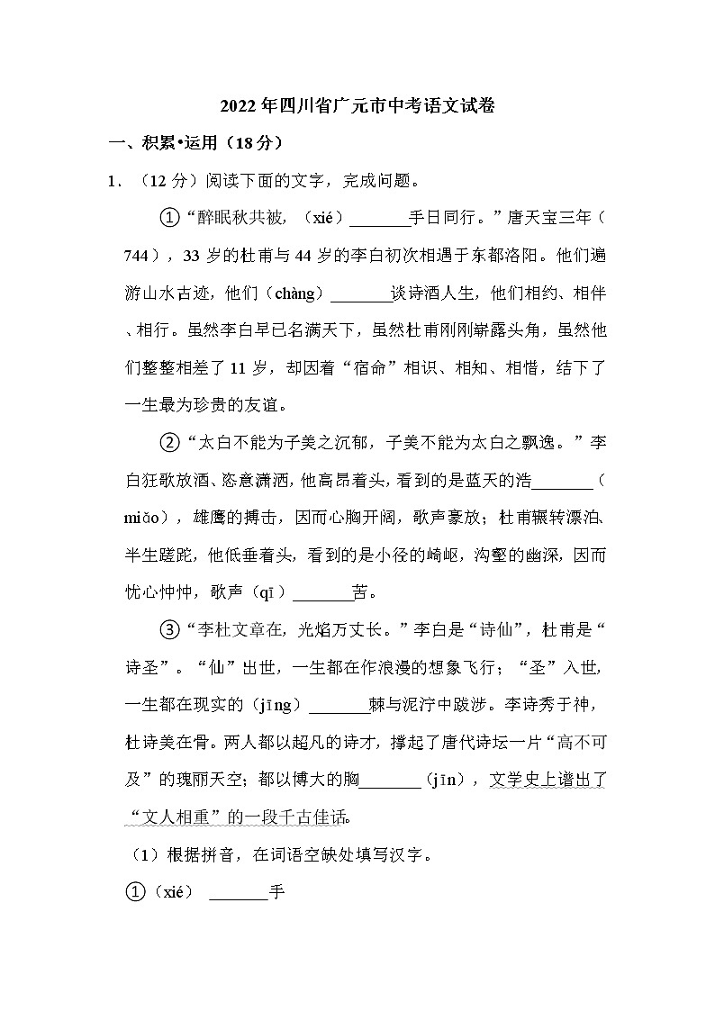2022年四川省广元市中考语文试卷解析版01