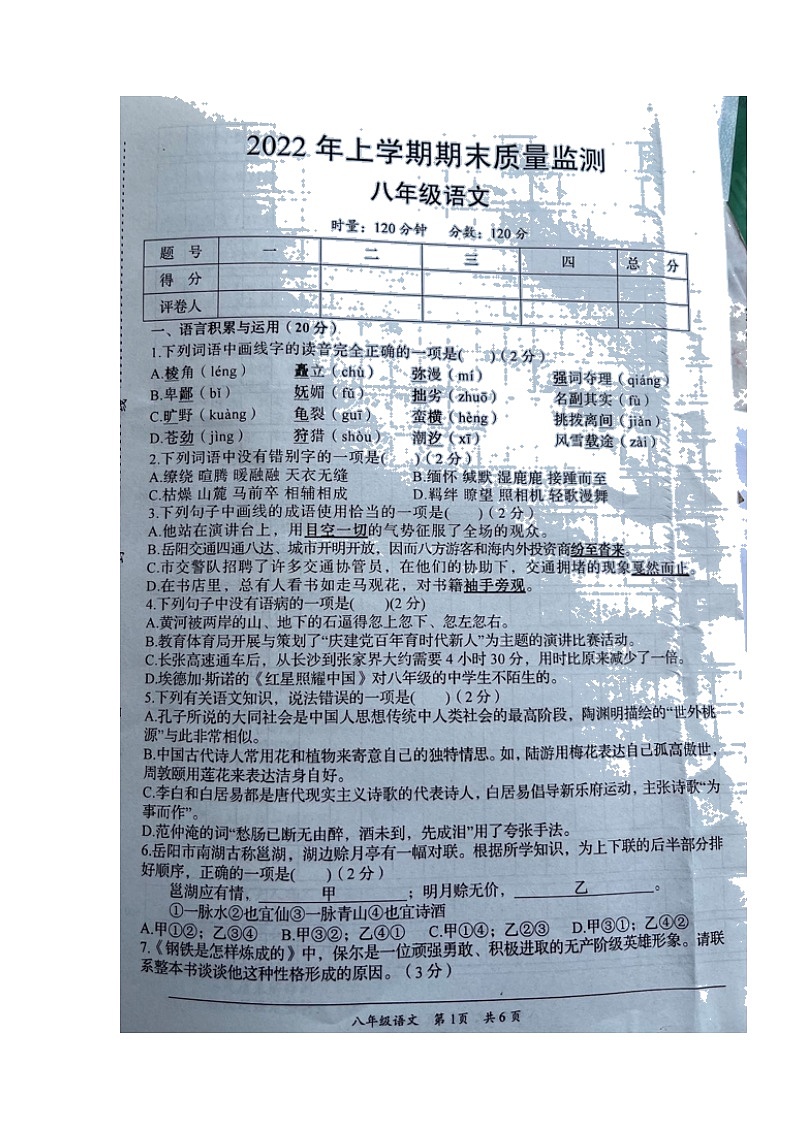 湖南省岳阳市岳阳县2021-2022学年八年级下学期期末质量监测语文试题（无答案）01