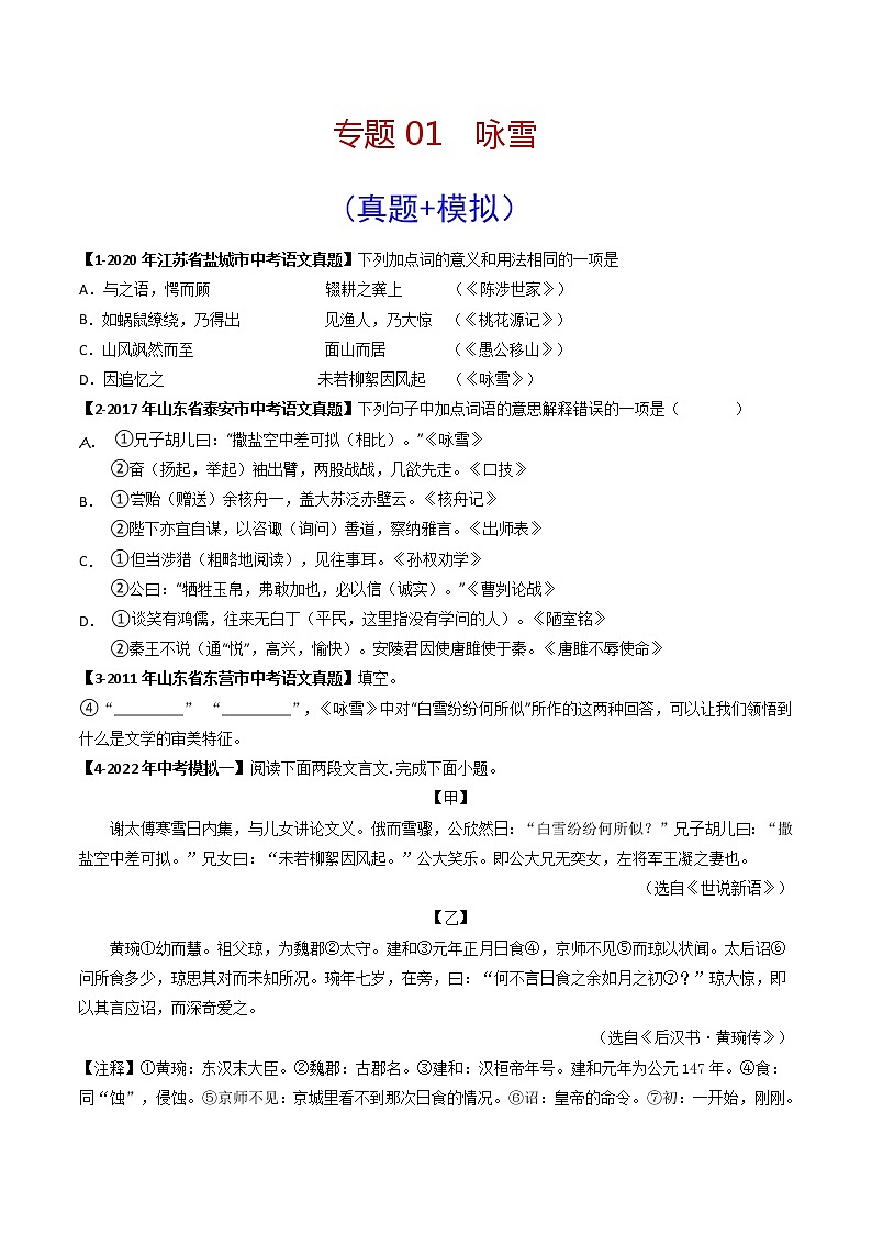 专题01 咏雪 （真题+模拟专练）（原卷版）第1页