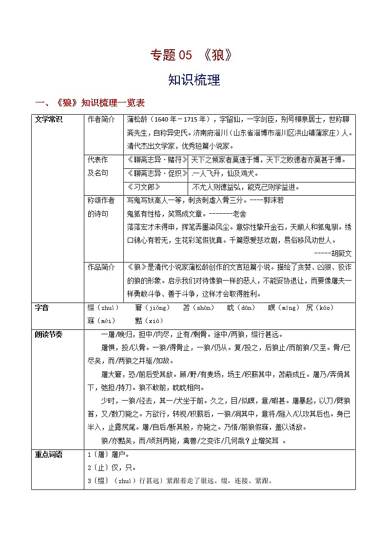 专题05 《狼》（知识梳理）-备战2022年中考语文课内39篇文言文阅读01