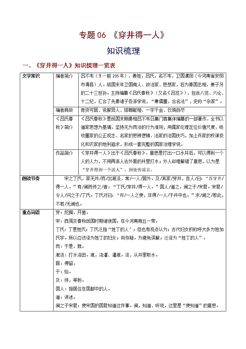 专题06 《穿井得一人》（知识梳理）-备战2022年中考语文课内39篇文言文阅读01