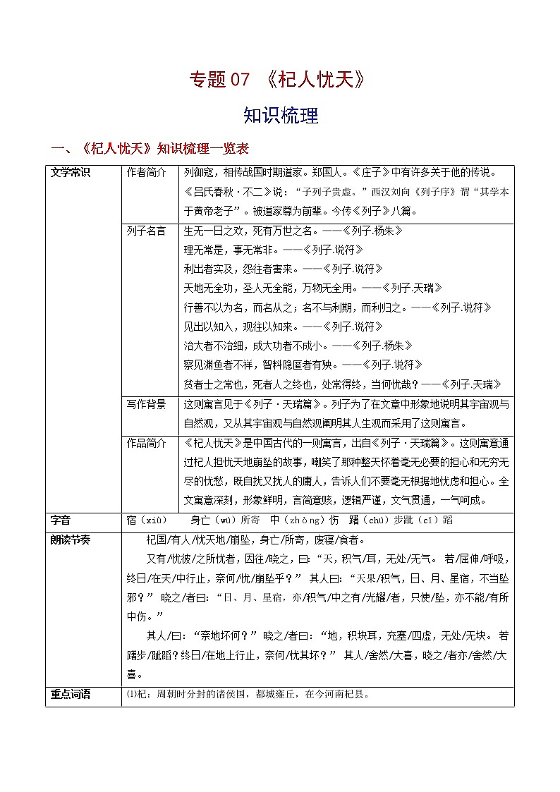 专题07 《杞人忧天》（知识梳理）-备战2022年中考语文课内39篇文言文阅读01
