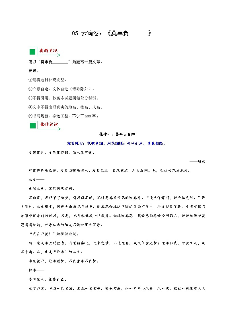 05 云南卷：《莫辜负春阳》等-备战2022年中考语文全国各地中考优秀作文荐读第1页