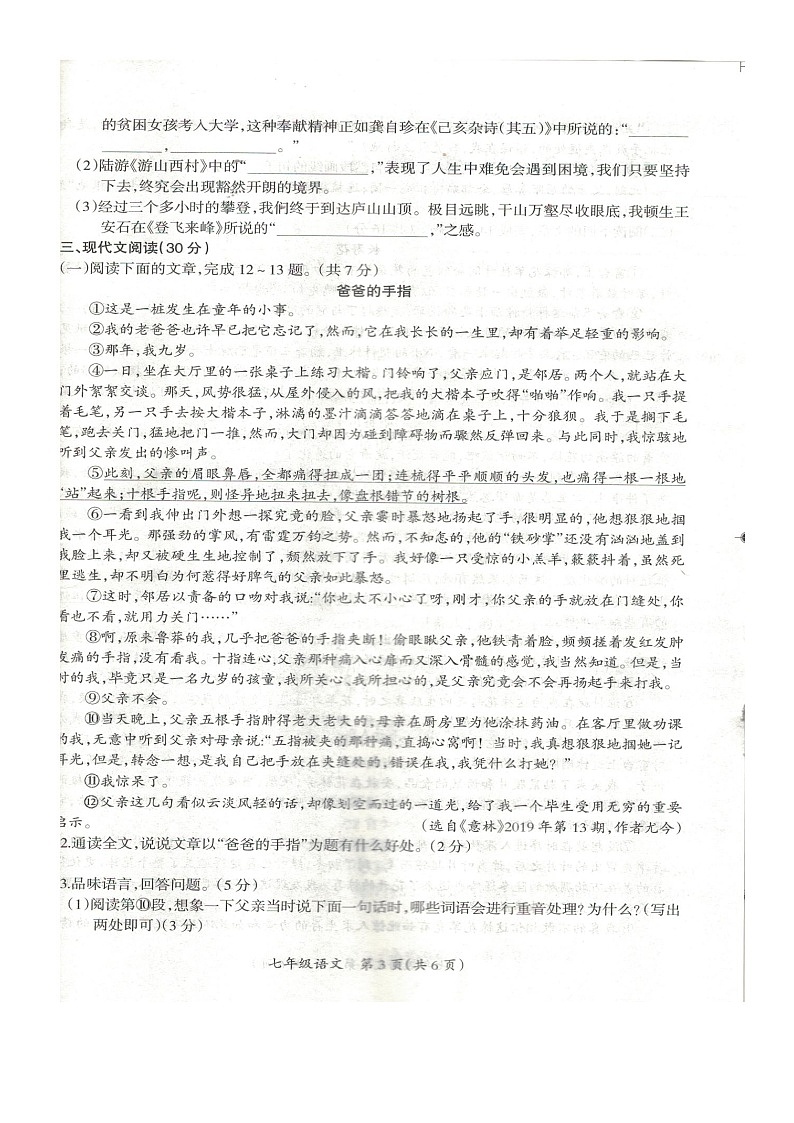江西省吉安市吉安县2021-2022学年七年级第二学期期末质量检测语文试卷第3页