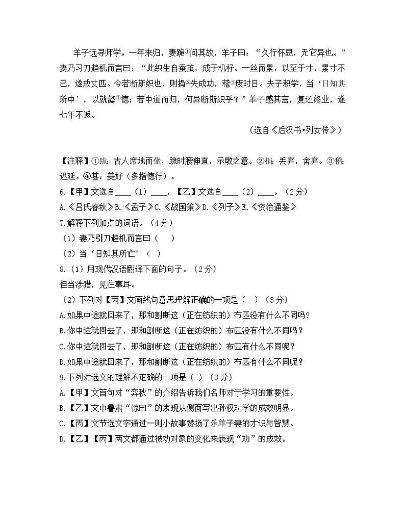 2022年上海市金山区九年级6月线下中考二模语文试卷（含答案）02