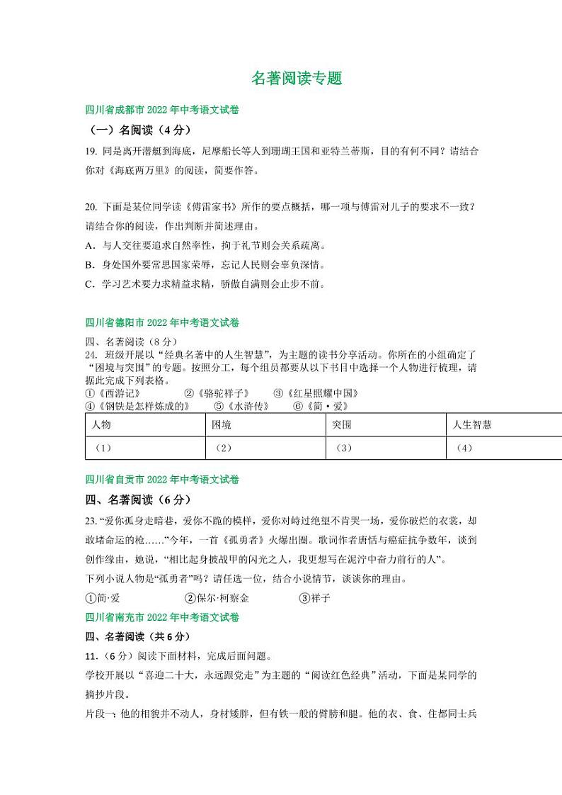 2022年四川省中考语文试卷分类汇编之名著阅读专题及真题答案01