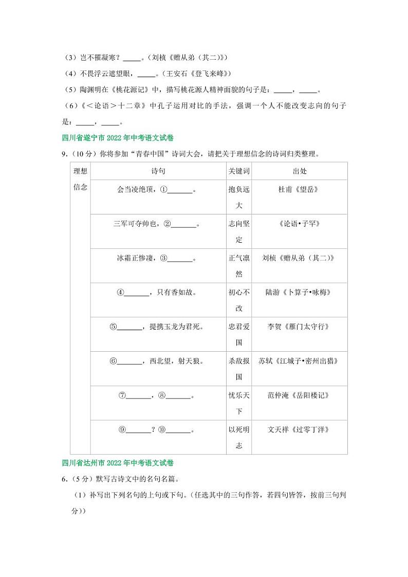 2022年四川省中考语文试卷分类汇编之默写专题及真题答案02