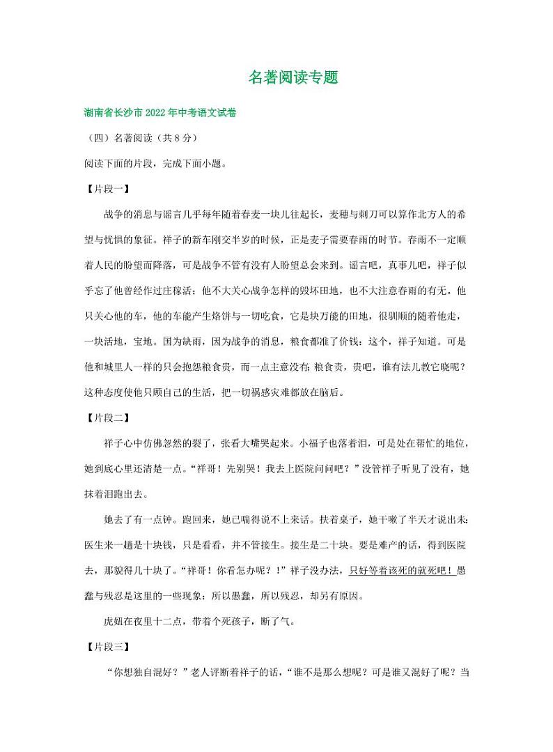 2022年湖南省中考语文试卷分类汇之名著阅读专题及真题答案01