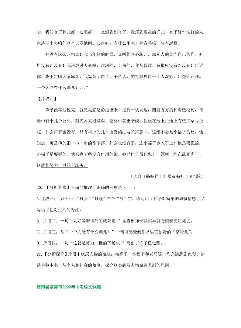 2022年湖南省中考语文试卷分类汇之名著阅读专题及真题答案02