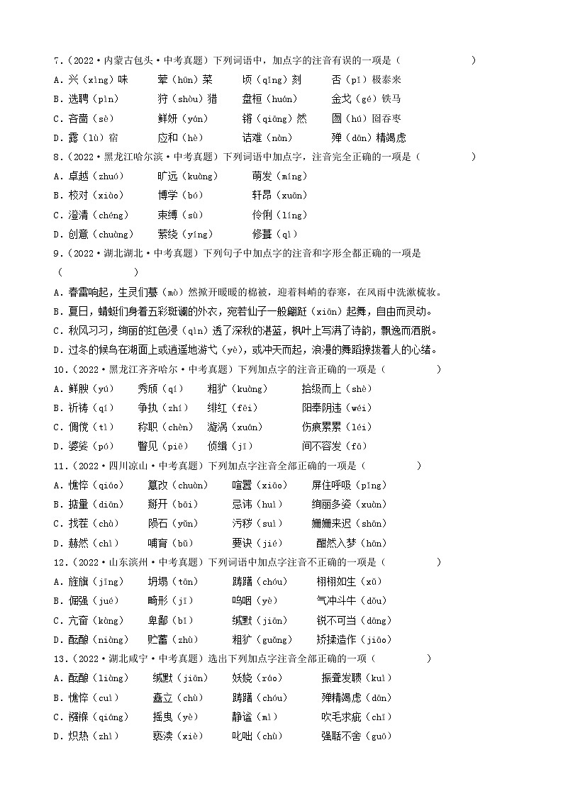 01字音（易误读常见字）-2022中考真题汇编（全国通用）第2页
