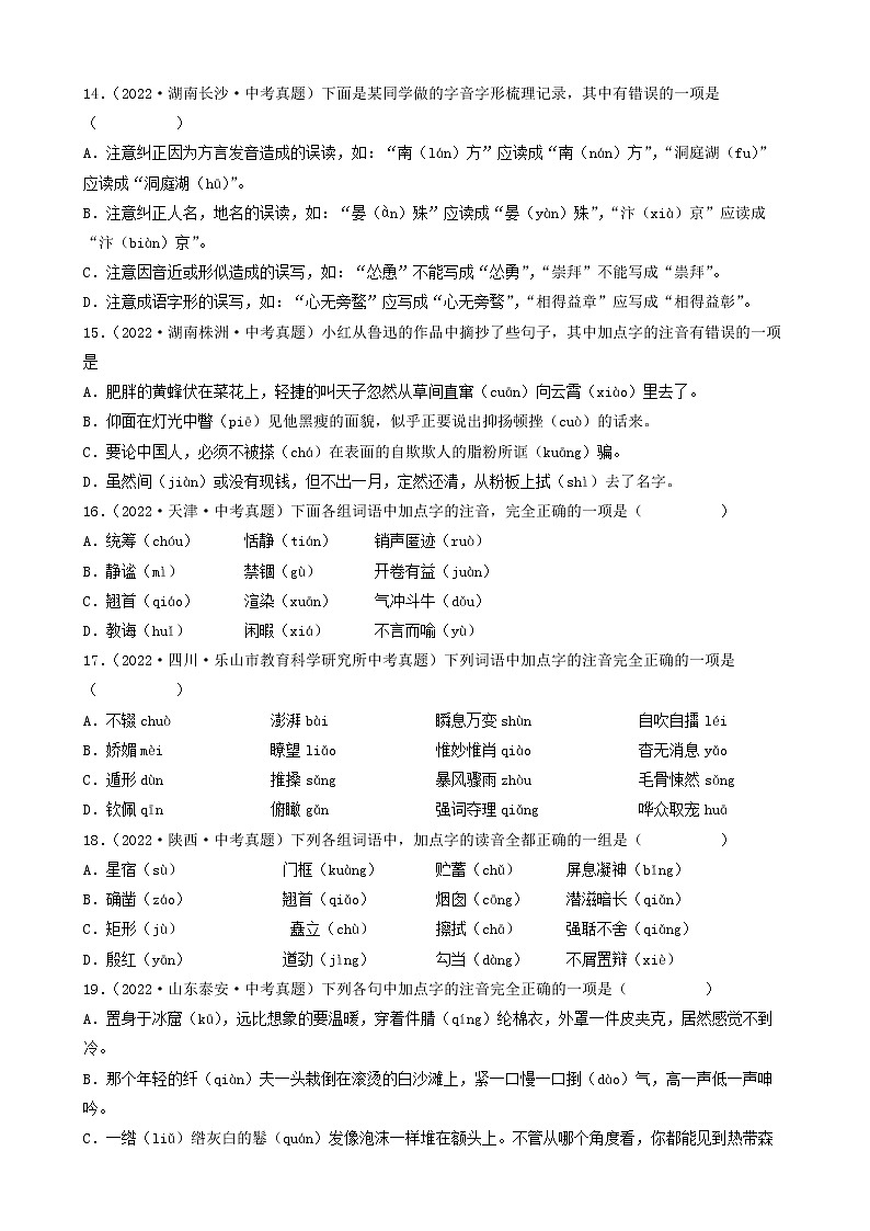 01字音（易误读常见字）-2022中考真题汇编（全国通用）第3页