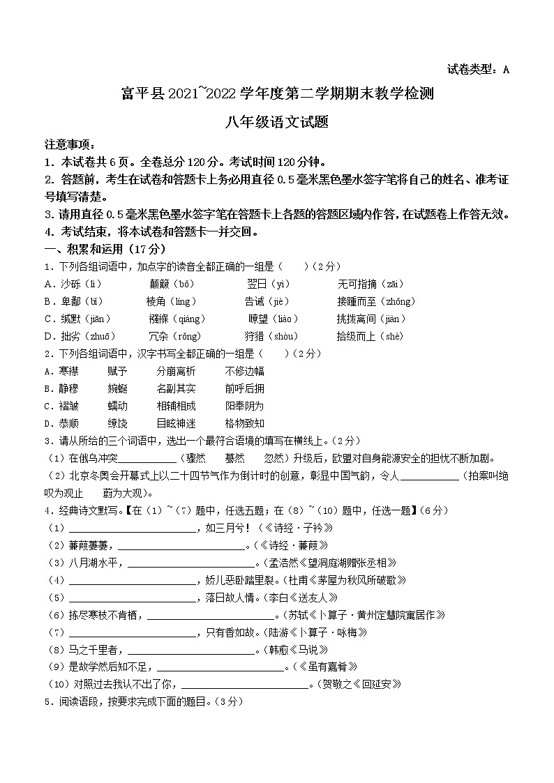 陕西省渭南市富平县2021-2022学年八年级下学期期末语文试题(word版含答案)第1页