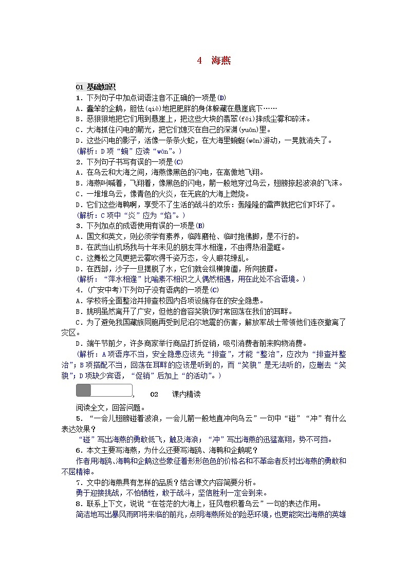 人教版语文九年级下册《海燕 》同步练习4 含答案第1页