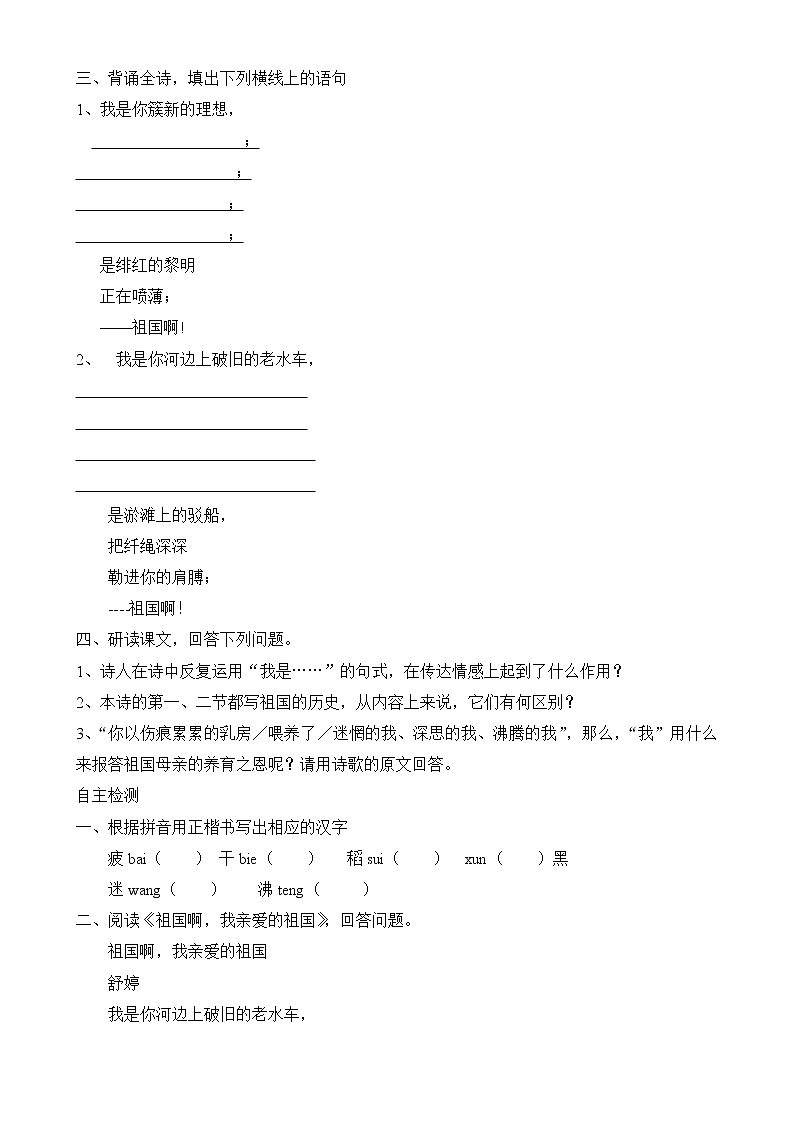 人教版语文九年级下册《祖国啊，我亲爱的祖国 》练习4 含答案02