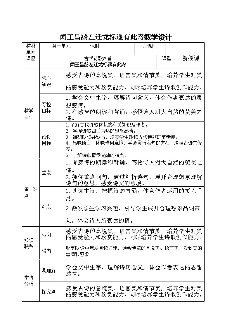 部编版七年级语文上册--4.2《闻王昌龄左迁龙标遥有此寄》教学设计第1页