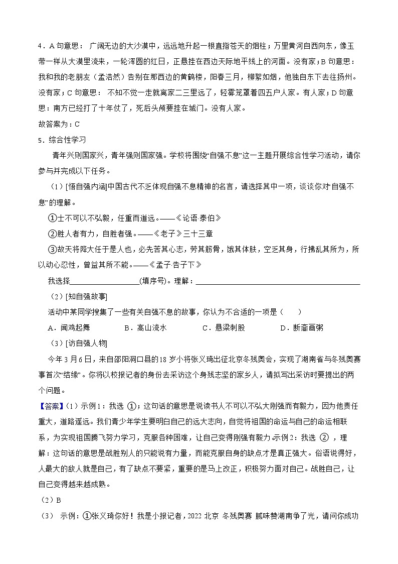 湖南省邵阳市2022年中考语文真题试卷解析版03