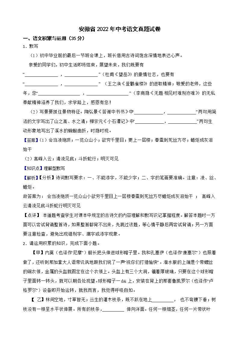 安徽省2022年中考语文真题试卷解析版01