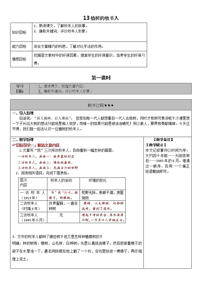 2022年人教版七年级上册13. 植树的牧羊人教案第1页