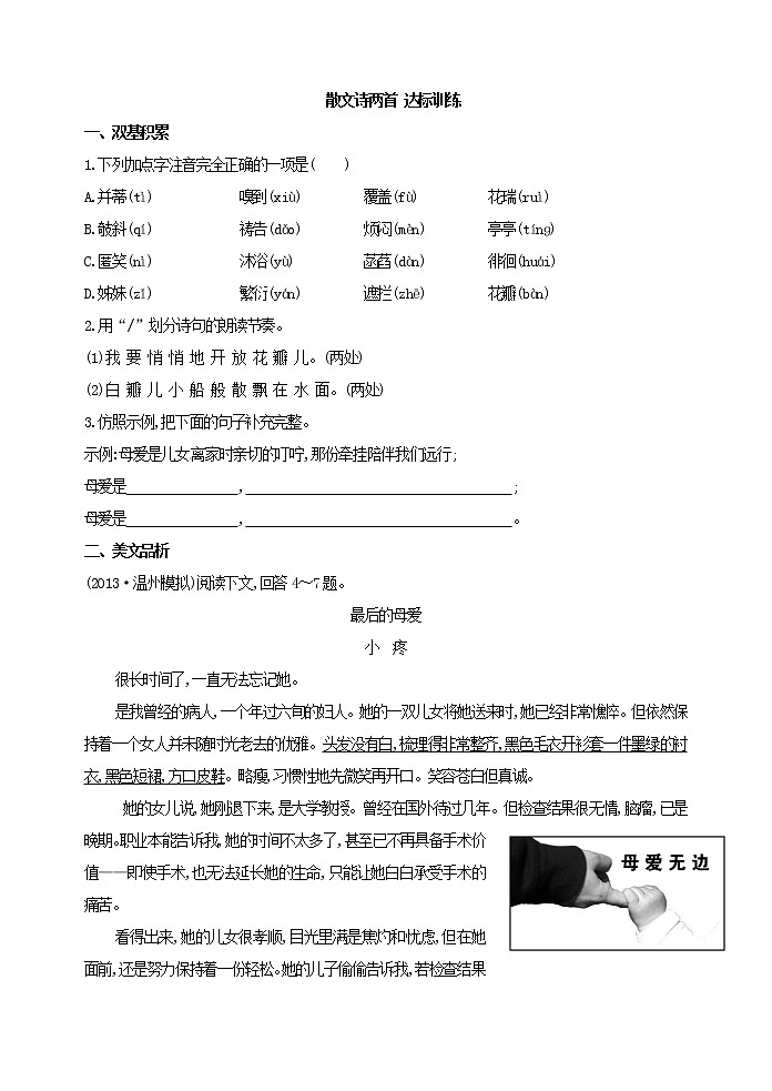 2022年人教部编版七年级上册散文诗两首 达标训练第1页