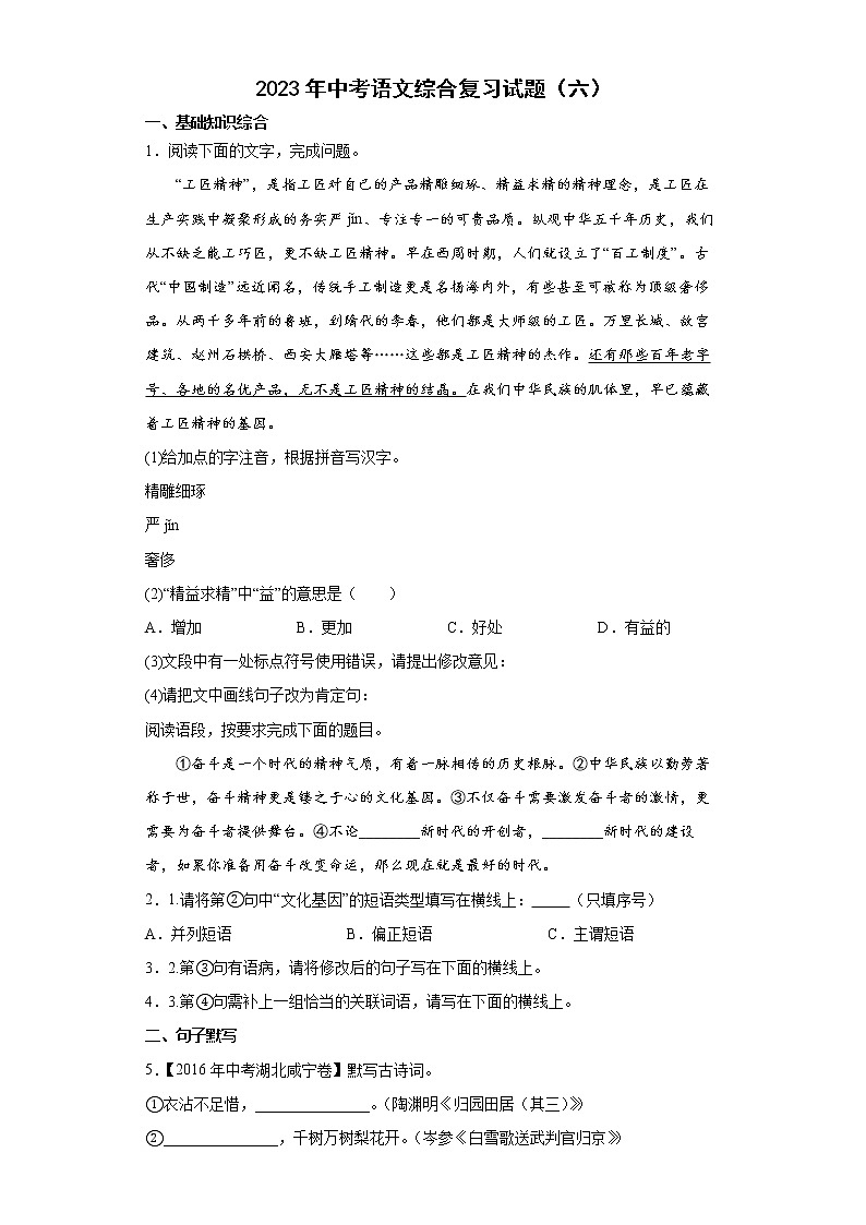 2023年中考语文综合复习试题（六）第1页