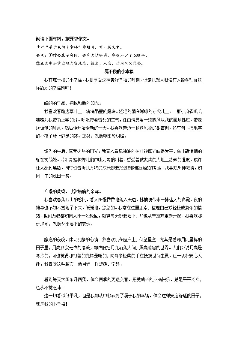 冲刺2023年中考语文考场作文必背范文 专题14  《属于我的小幸福》第1页