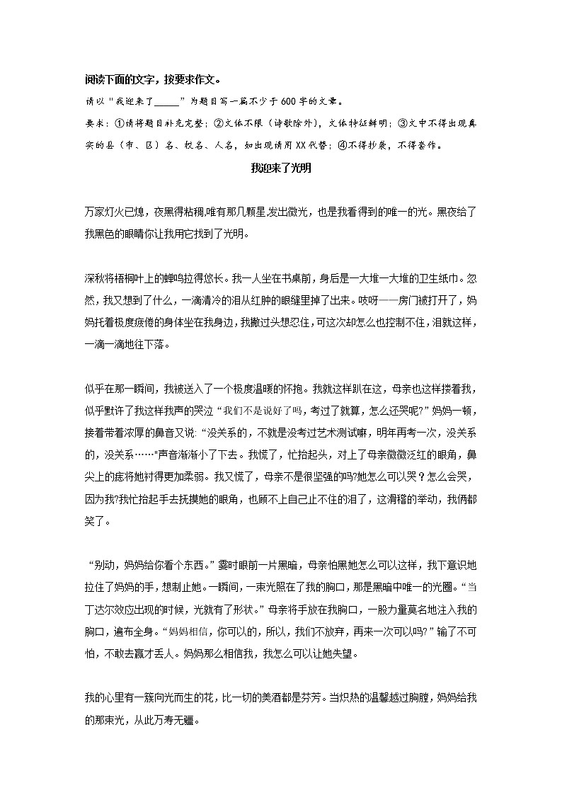 冲刺2023年中考语文考场作文必背范文 专题016  《我迎来了光明》第1页