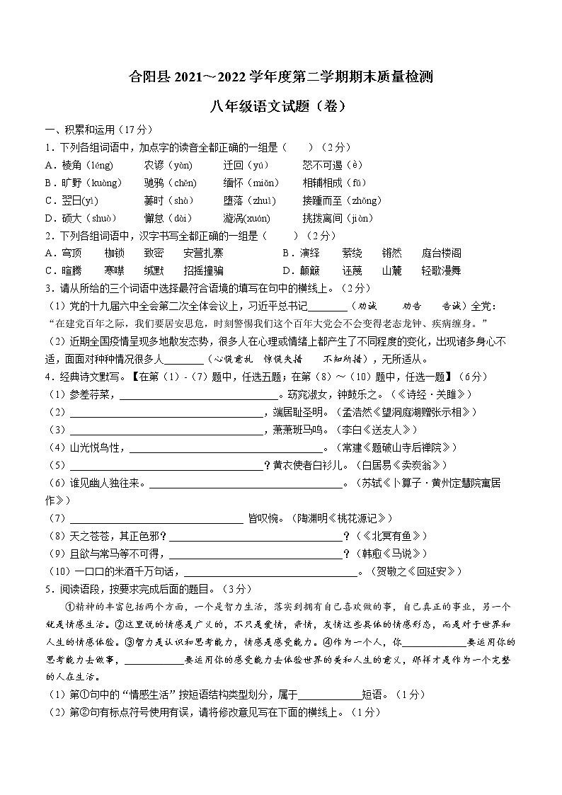 陕西省渭南市合阳县2021-2022学年八年级下学期期末语文试题(word版含答案)01
