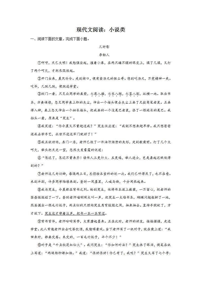 中考语文现代文阅读模拟训练：小说类第1页