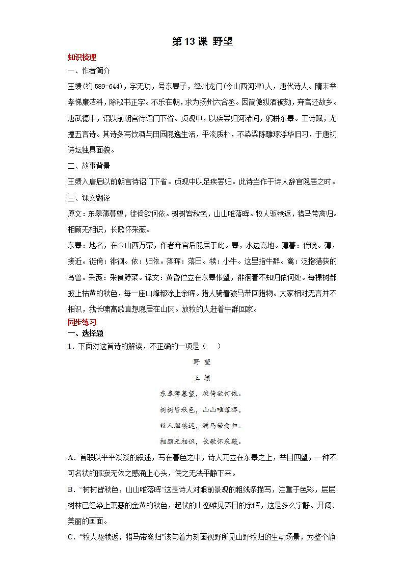 第13课野望2022-2023学年八年级语文上册同步知识梳理练习（解析版+原卷版）01