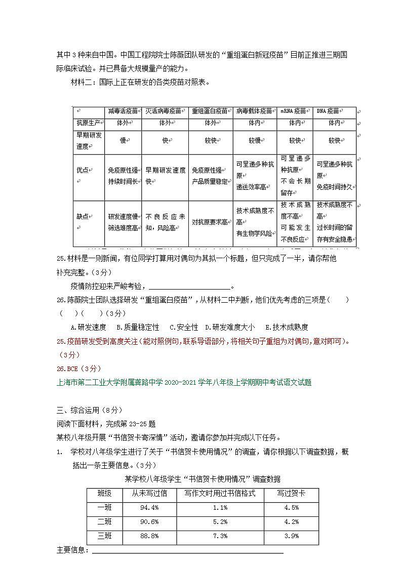 上海市2020-2021学年八年级上学期期中语文试卷精选汇编：综合运用专题02