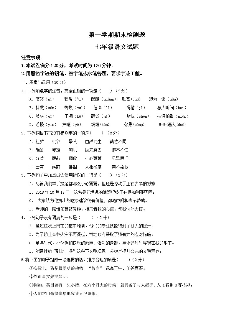 部编版初中语文七年级上册期末检测卷01