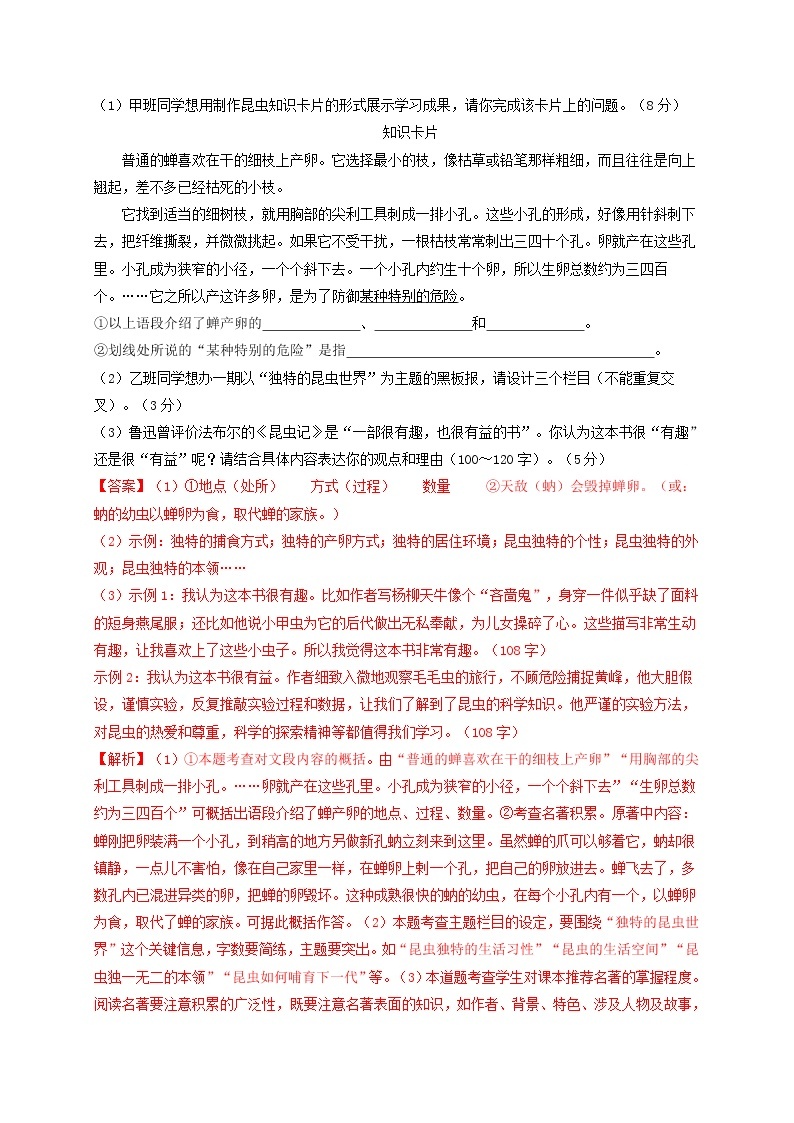 名著阅读：《昆虫记》突破提升卷八年级语文上册单元复习综合测评卷（部编版）03