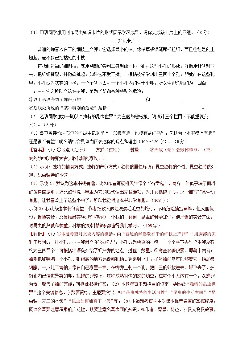 名著阅读：《昆虫记》突破提升卷八年级语文上册单元复习综合测评卷（部编版）03