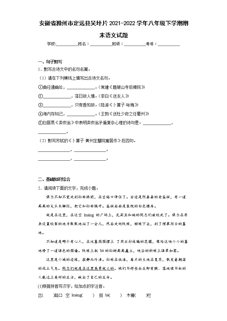 安徽省滁州市定远县吴圩片2021-2022学年八年级下学期期末语文试题(word版含答案)第1页