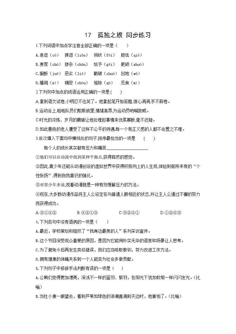 第17课《孤独之旅+》同步练习2022-2023学年部编版语文九年级上册01