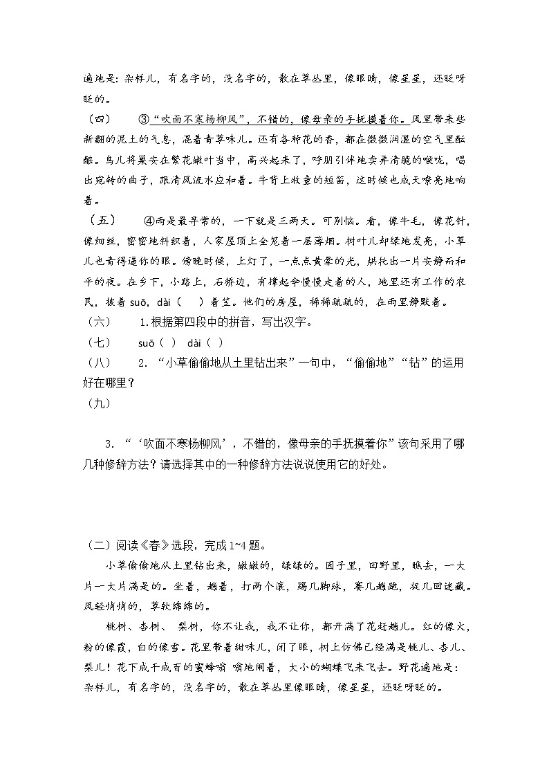 部编版七年级语文上册《春》课时作业设计第3页
