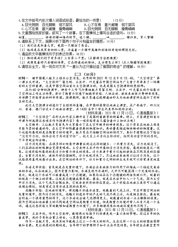 安徽省合肥滨湖寿春中学2021-2022学年九年级上学期期末考试语文试题(word版含答案)第3页