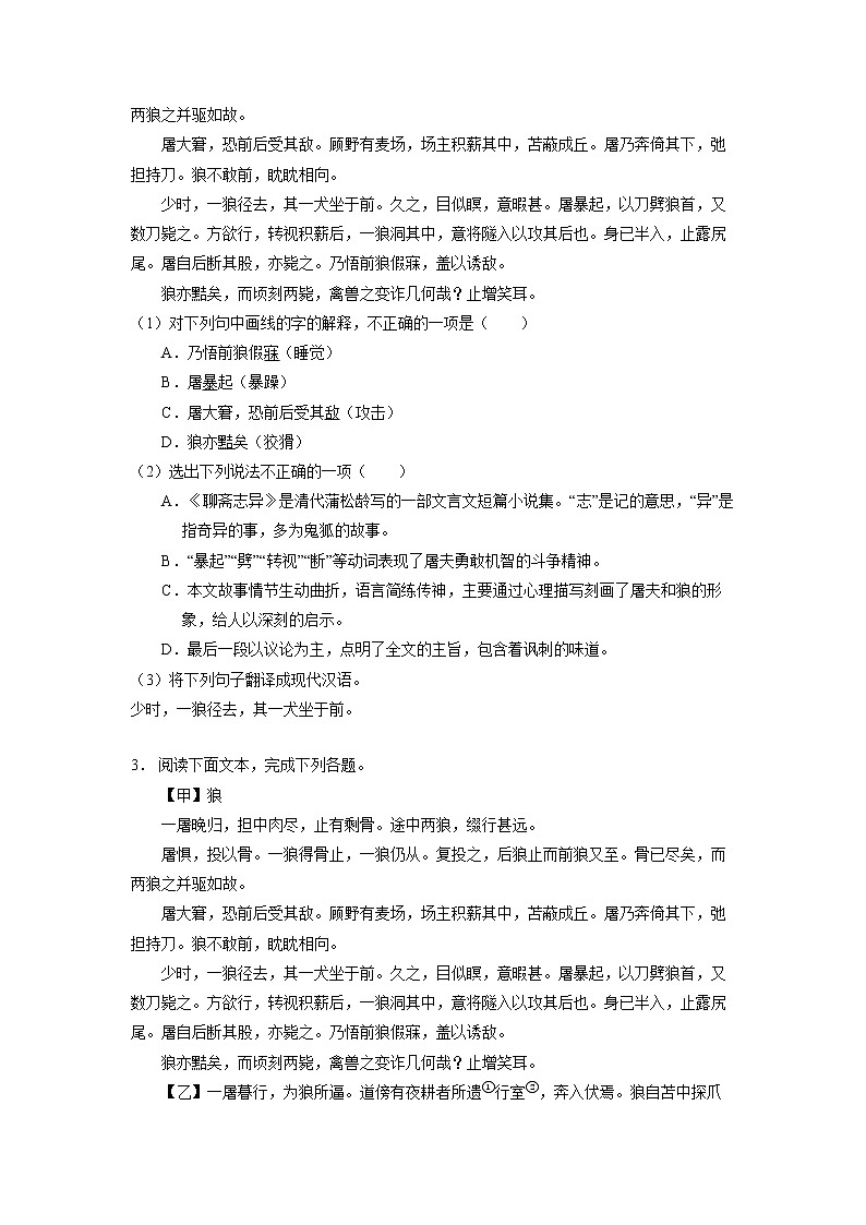 7年级上册语文部编版课时练《18 狼》03（含答案）第2页