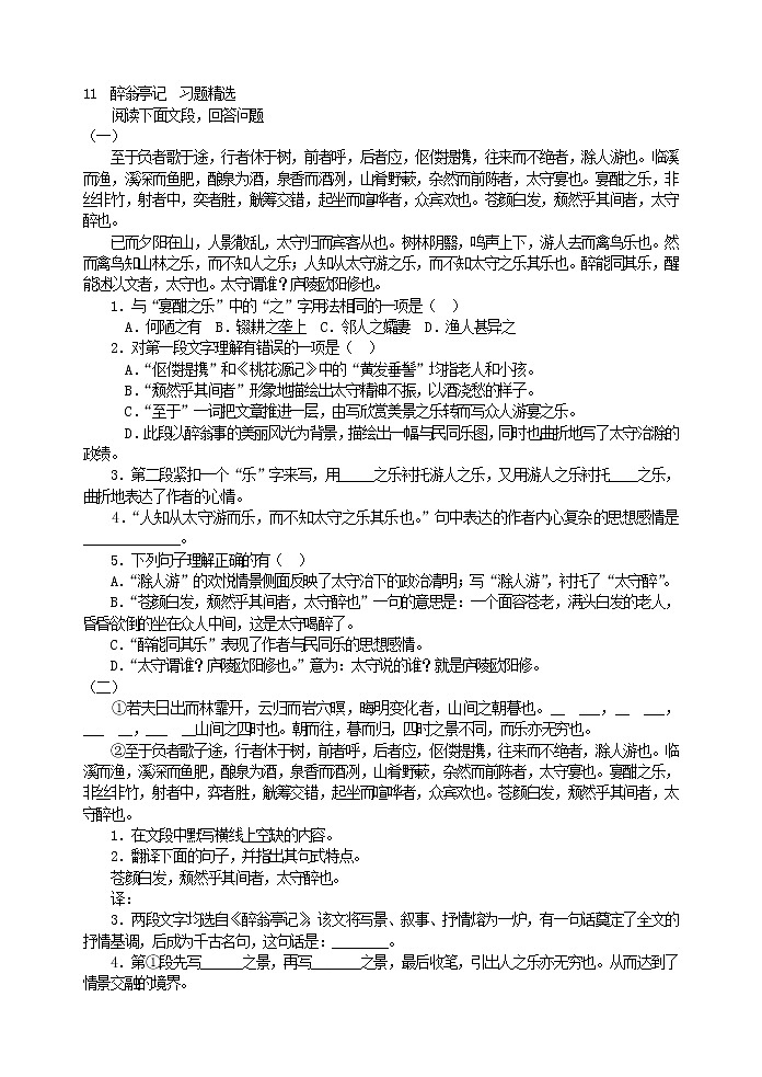 初中语文九上11  醉翁亭记  习题精选练习含答案第1页