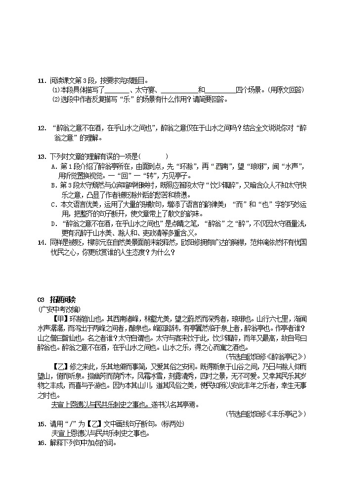 初中语文九上11醉翁亭记  自测练习含答案第3页