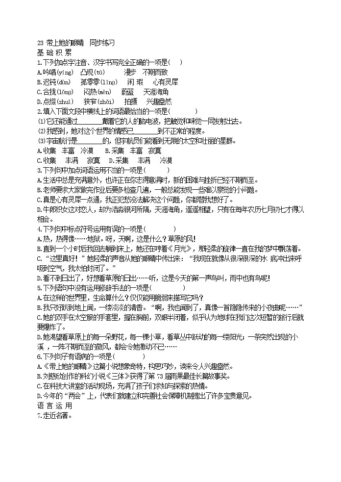 语文中考复习23 带上她的眼睛  同步练习第1页