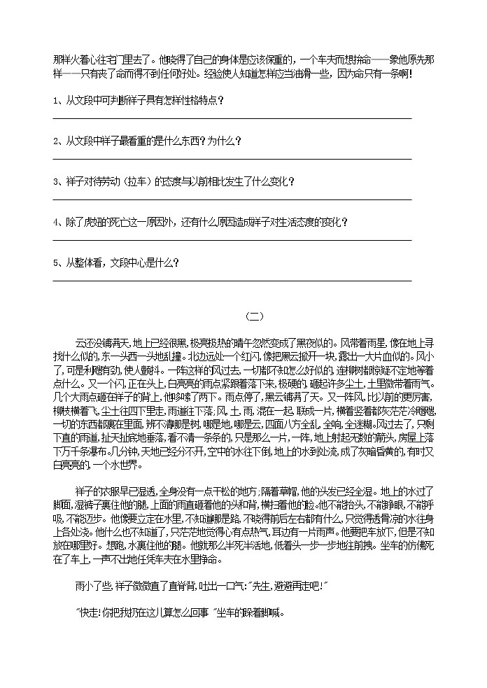 语文中考复习《骆驼祥子》期末复习题第2页