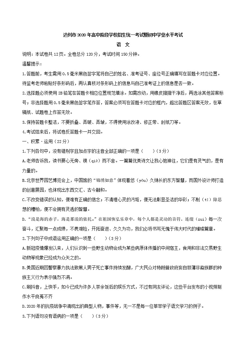初中语文9下049四川省达州市2020年中考语文试题含答案01