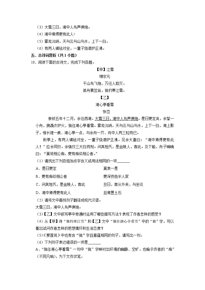 9年级语文部编版上册课时练《13 湖心亭看雪》1第3页