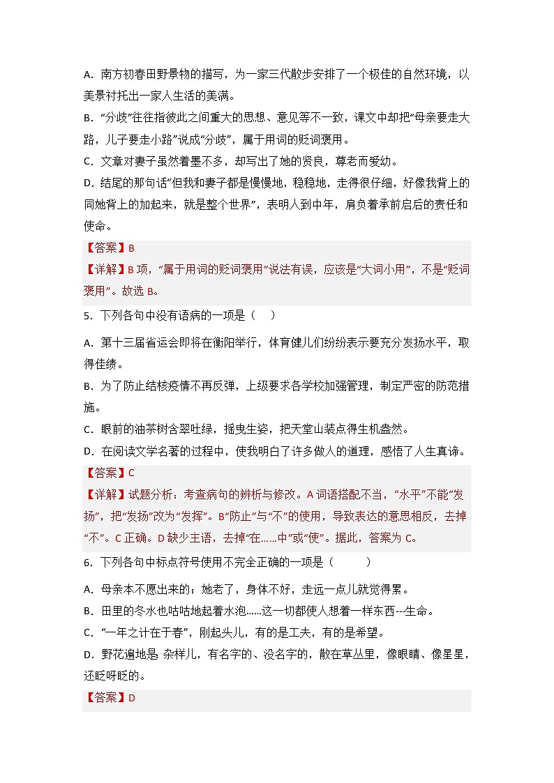 第6课《散步》同步训练-2022-2023学年七年级语文上册精讲精练同步课堂（部编版）02