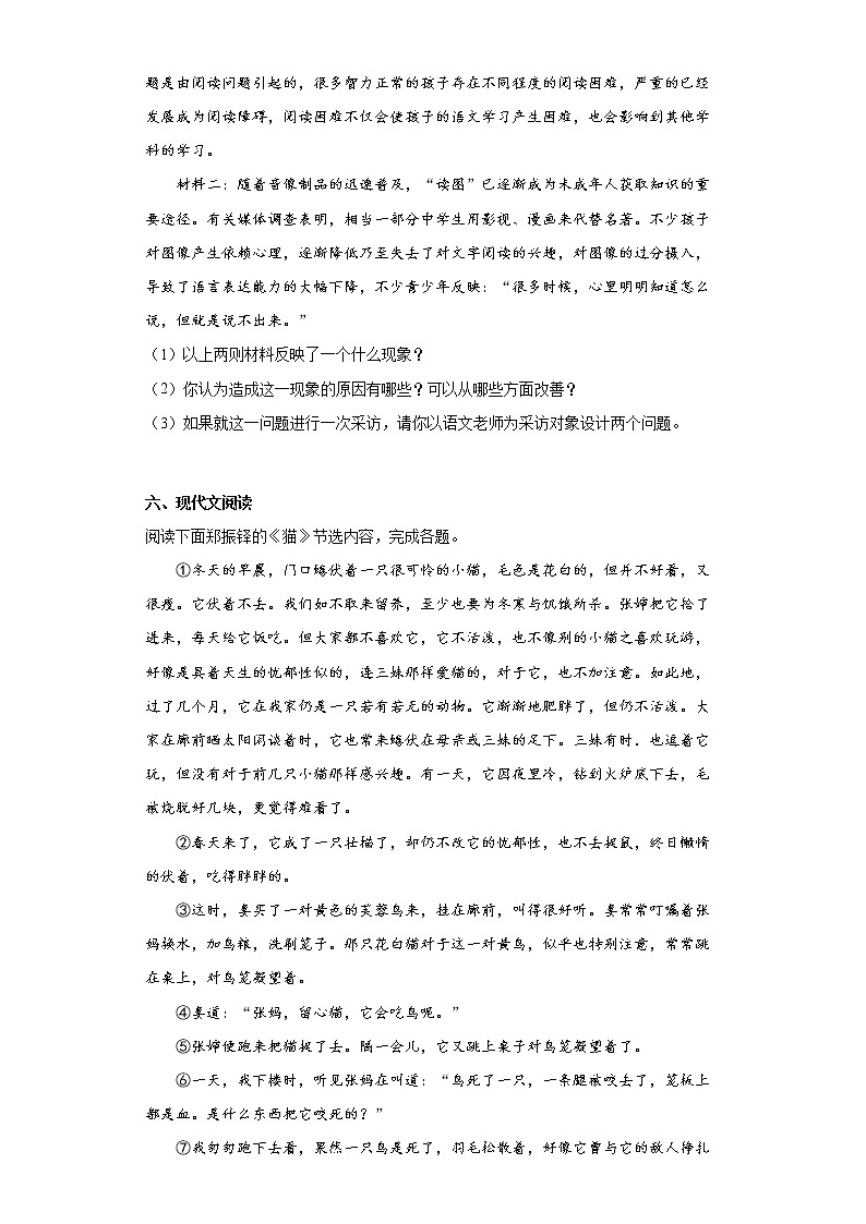 河南省驻马店市泌阳县2021-2022学年七年级上学期期末语文试题(含答案)第3页