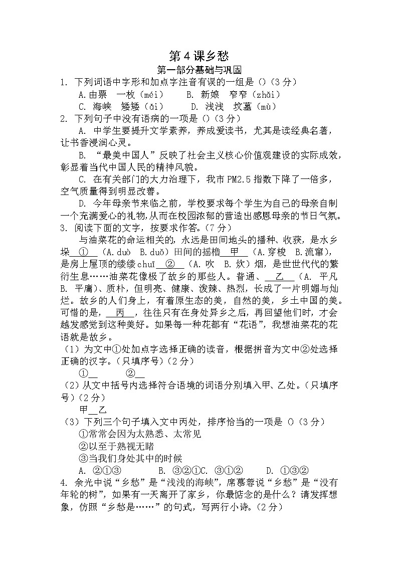 第4课《乡愁》（练习）-2022-2023学年九年级语文上册同步精品课堂（部编版）原卷版第1页