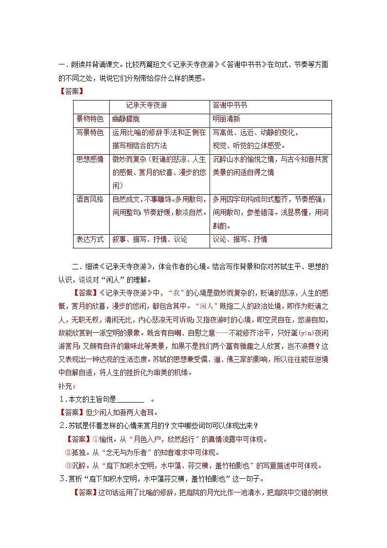 专题06  《记承天寺夜游》文学常识+重点注释+重点译句+课后问题+中考预测-2023年中考语文一轮复习之30篇精选课内文言文考点清查（解析版）第2页